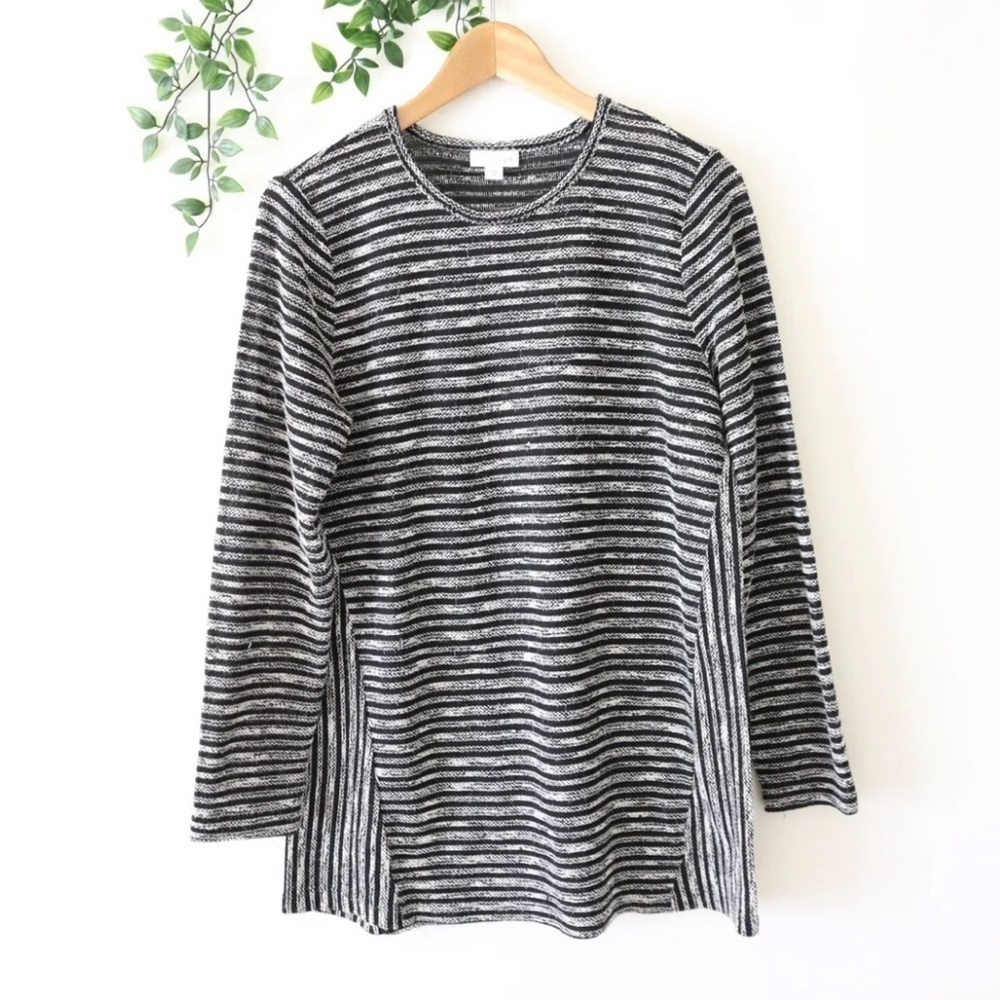 J JILL Women’s long sleeve beige black striped cotton blend textured top size M